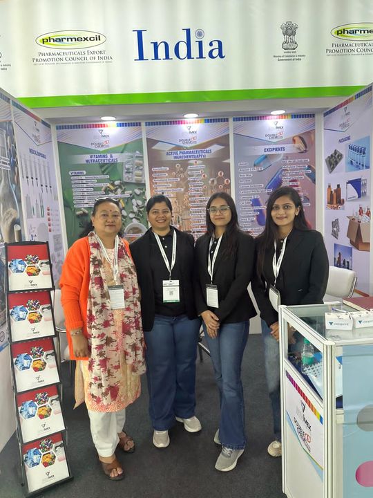 The team with a visitor at the India pavilion, CPHI 2025